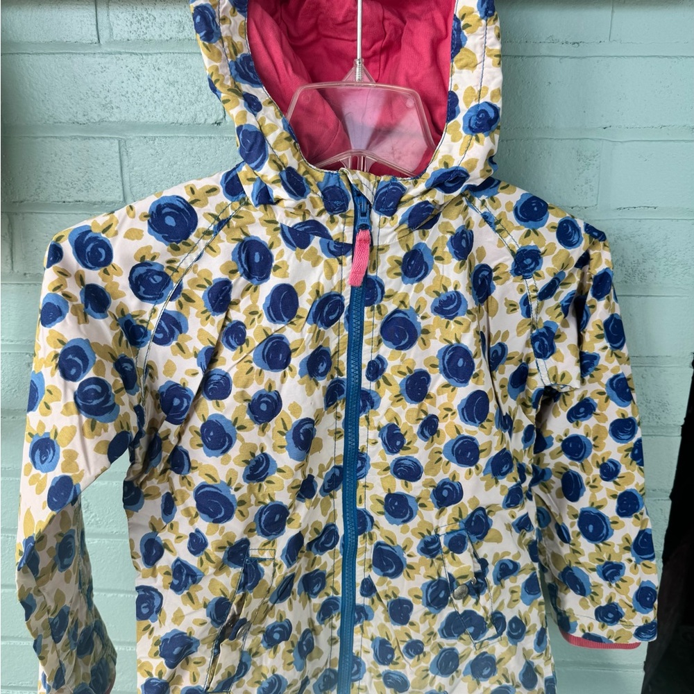 Mini Boden Blue and Yellow Floral Kids Raincoat with Pink Hood